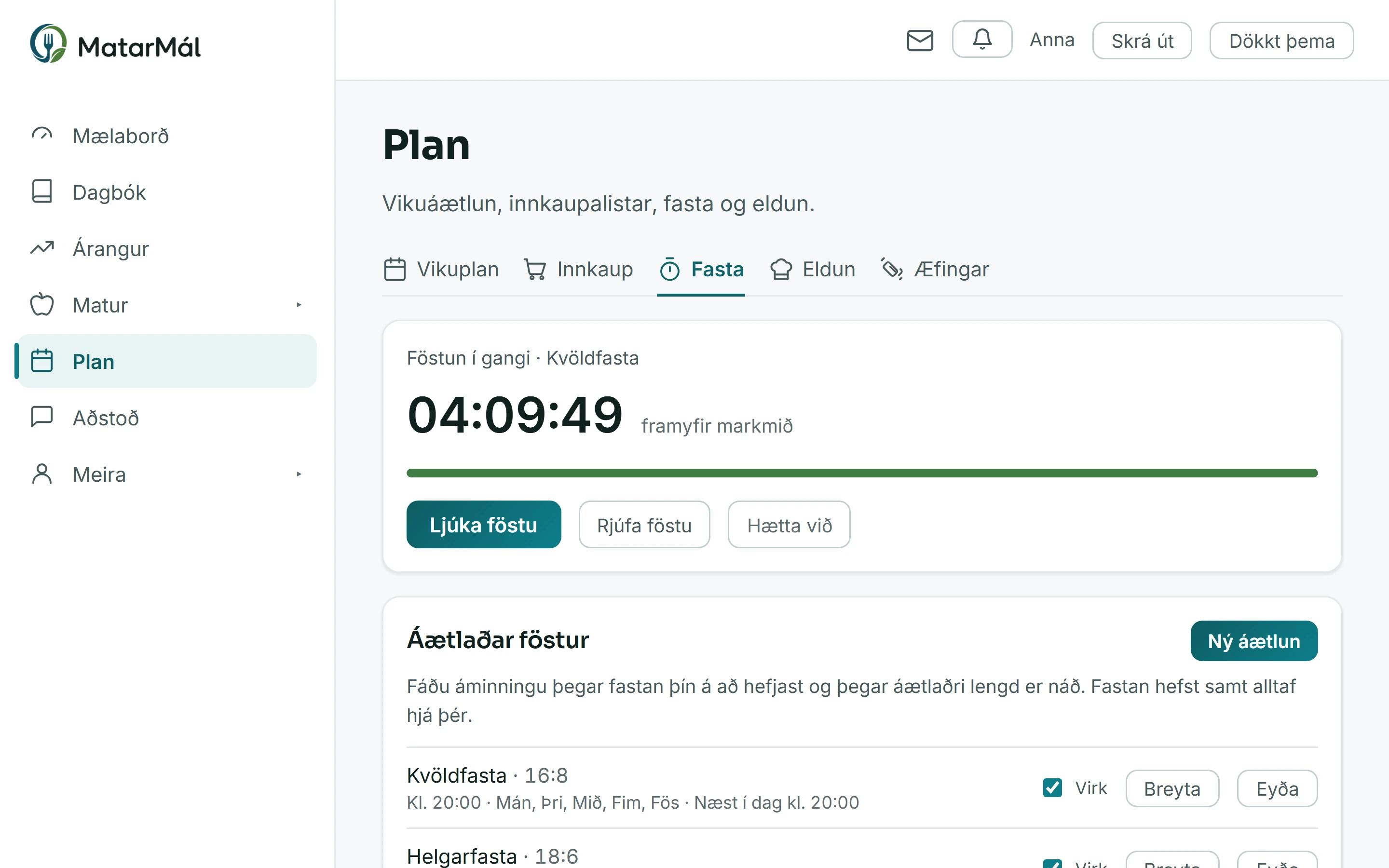 Föstusíðan í MatarMál: niðurtalning á virkri föstu og áætlaðar föstur með áminningum